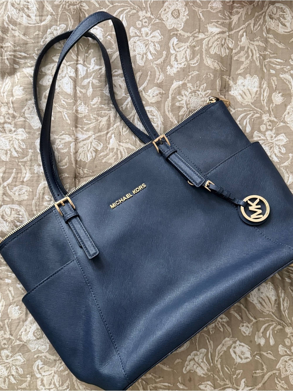 Michael Kors Dark Blue Leather Tote with Gold Accent Charm